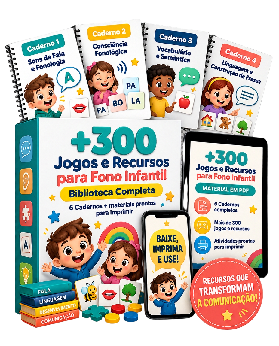 Kit +300 Jogos e Recursos para Fono Infantil com cadernos, tablet e celular